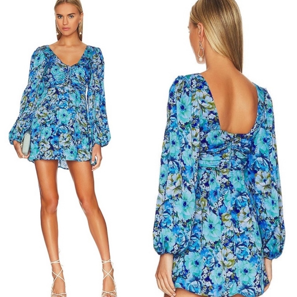 For Love & Lemons LA Girlhoodcore Farmhouse Satin Floral Blue Dress NWT